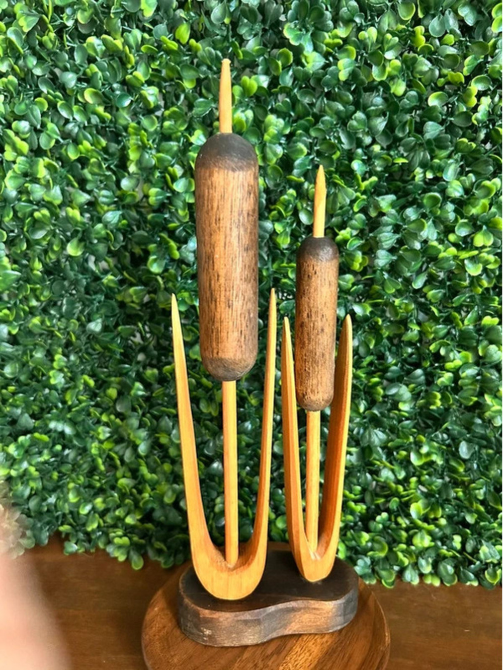 Vintage MCM Carved Wood Cattail Sculpture Mid Century